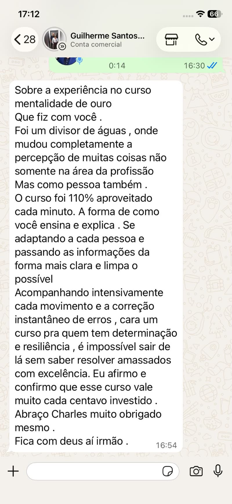 Depoimento de aluno enviado por WhatsApp — 1