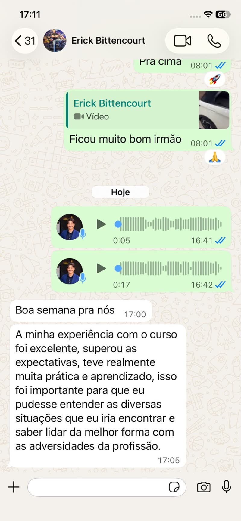 Depoimento de aluno enviado por WhatsApp — 2